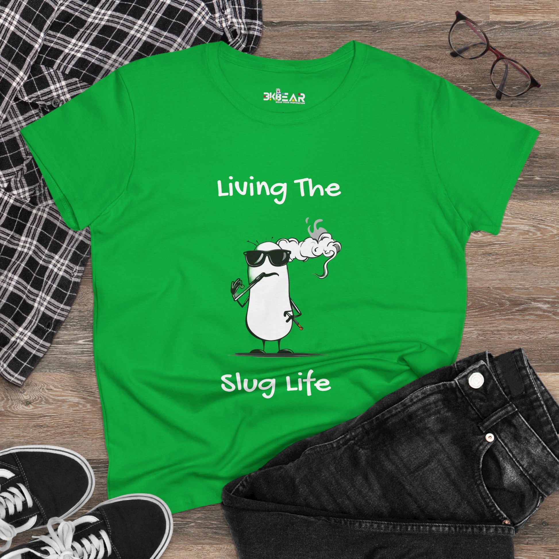 Bright green slug life shirt featuring a cool smoking cartoon slug with sunglasses and text living the slug life