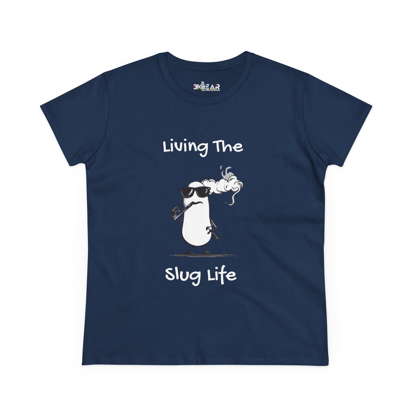 Navy Printify t-shirt with cartoon slug wearing sunglasses and smoking with Living The slug life shirt text