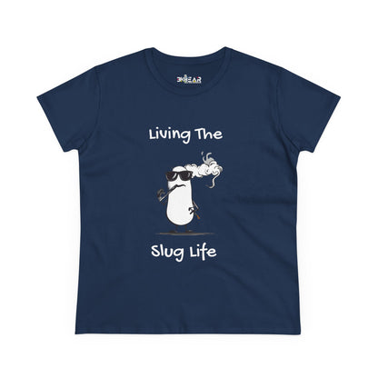 Navy Printify t-shirt with cartoon slug wearing sunglasses and smoking with Living The slug life shirt text