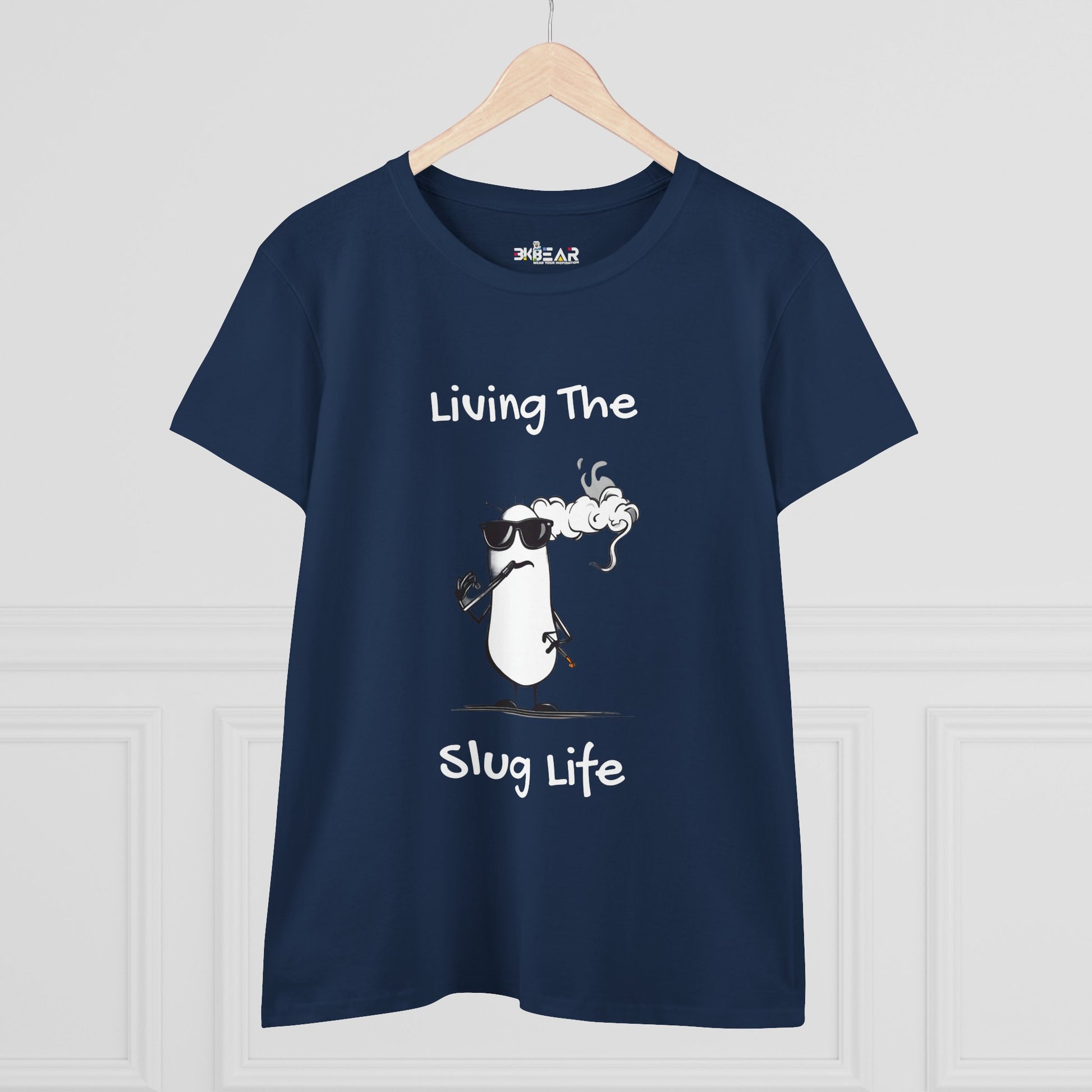 Navy blue slug life shirt with cartoon slug wearing sunglasses and smoking on front