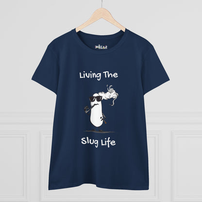 Navy blue slug life shirt with cartoon slug wearing sunglasses and smoking on front