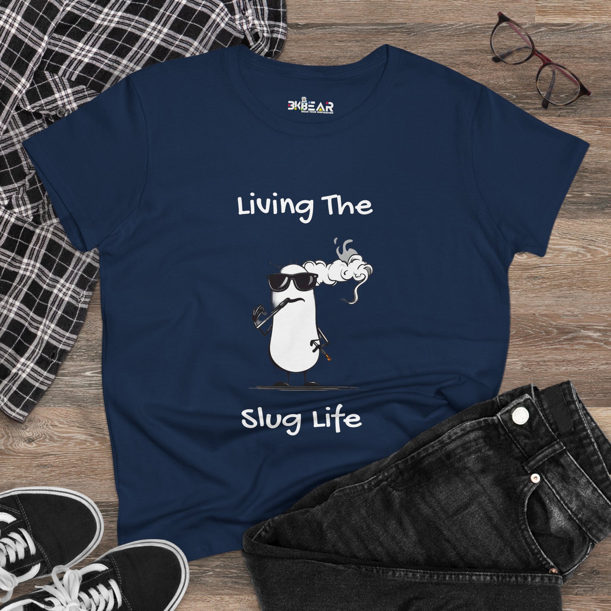 Printify navy blue slug life shirt with cartoon slug wearing sunglasses and smoking pipe