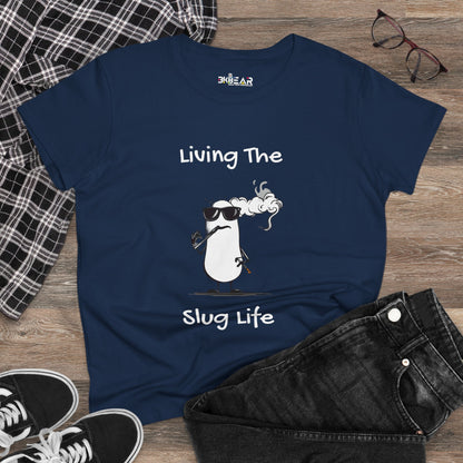 Printify navy blue slug life shirt with cartoon slug wearing sunglasses and smoking pipe