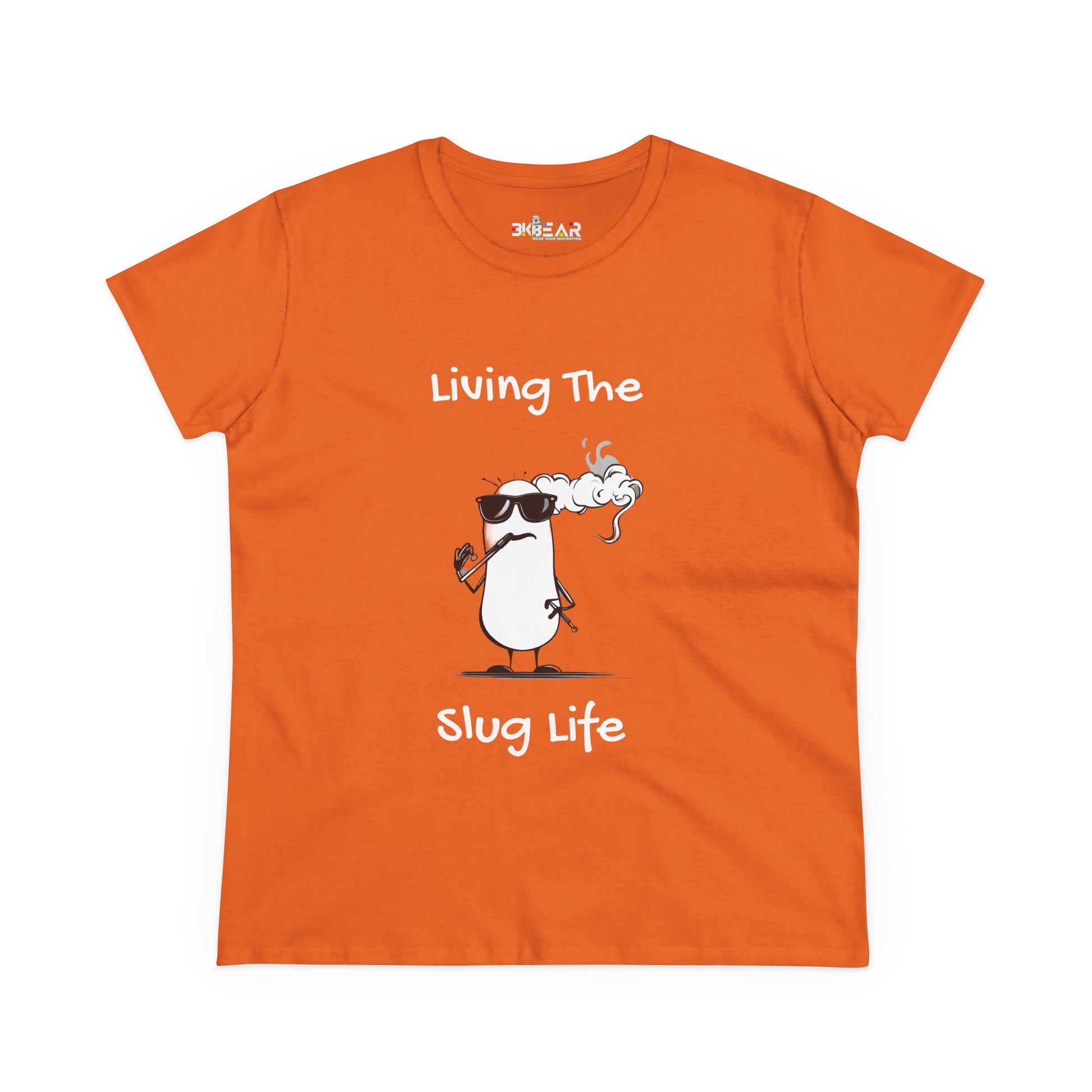 Orange Printify slug life shirt with cartoon slug wearing sunglasses and smoking
