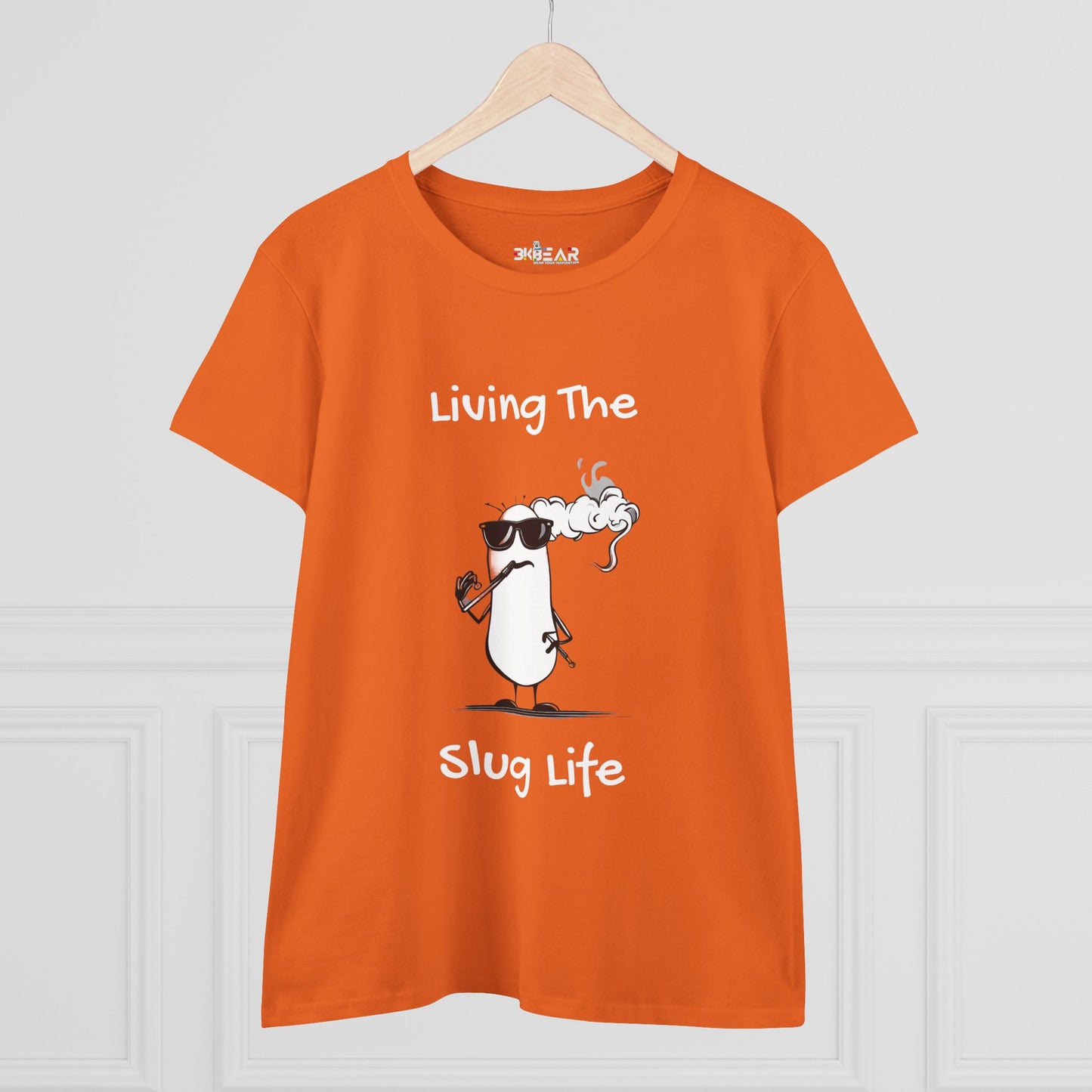 Orange Printify slug life shirt with cool smoking slug graphic and Living The Slug Life text