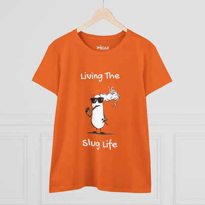 Orange Printify slug life shirt with cool smoking slug graphic and Living The Slug Life text