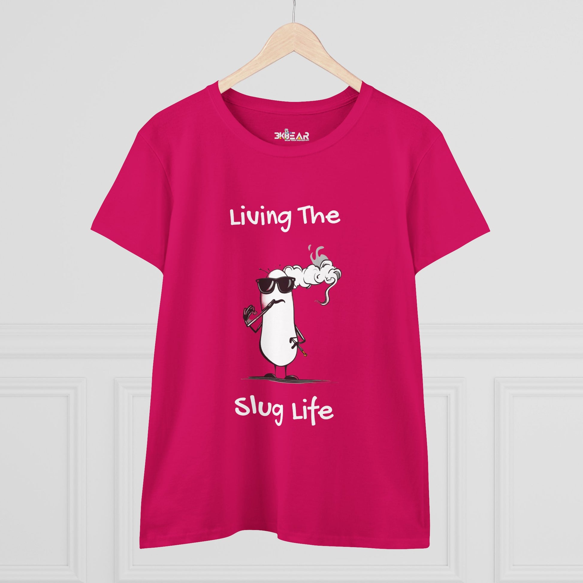 Bright pink Printify t-shirt with cool cartoon slug smoking and text Living The slug life shirt