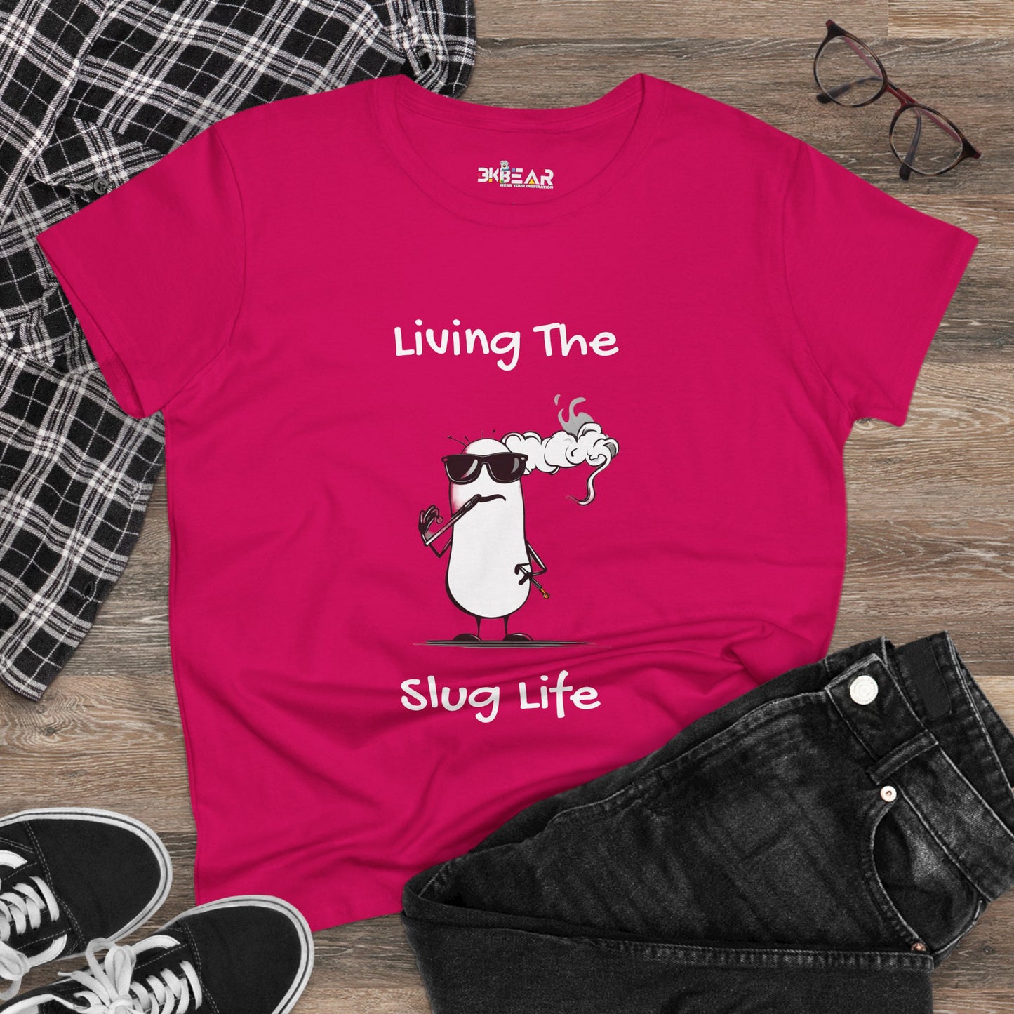 Pink slug life shirt with a cool smoking slug cartoon and the text Living The Slug Life