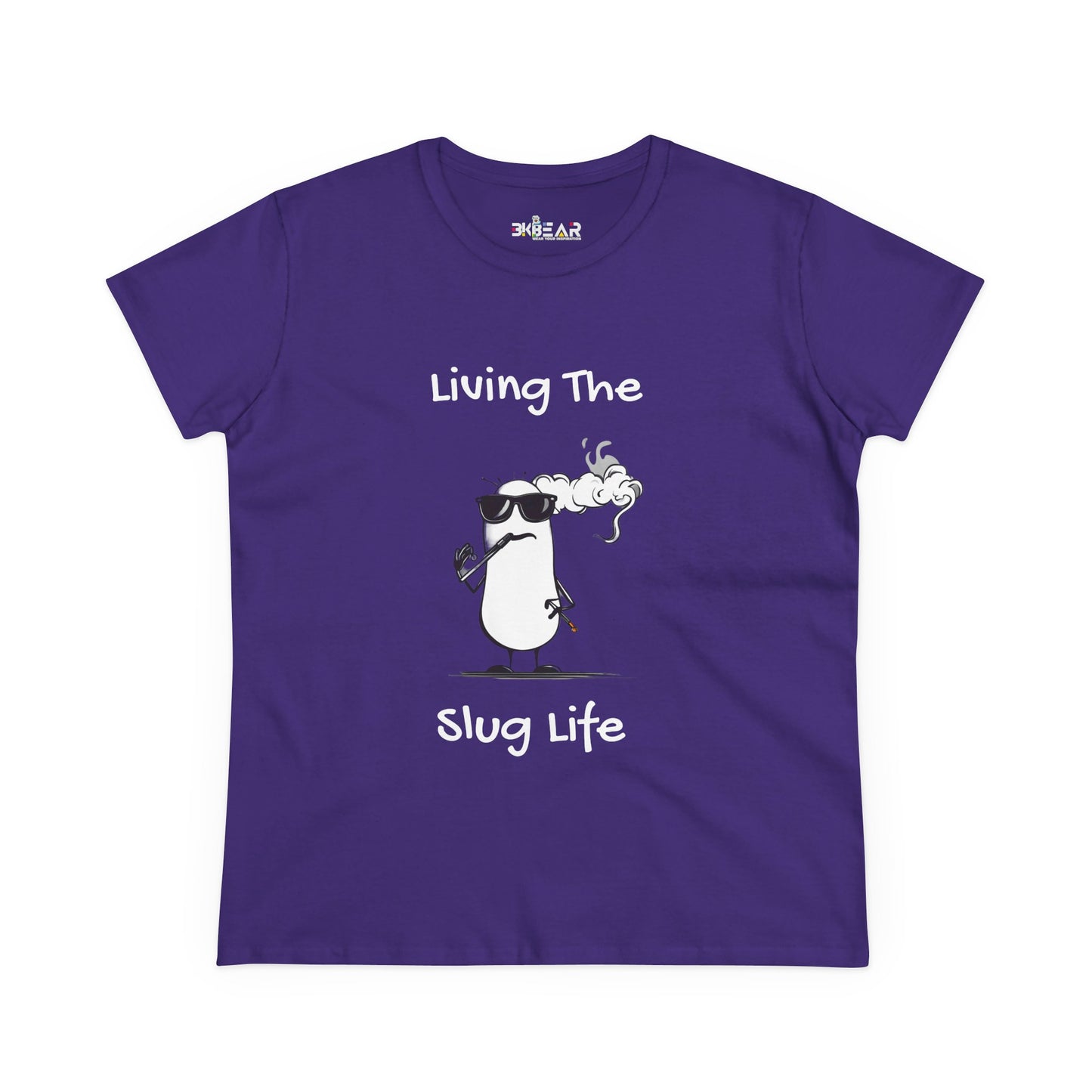 Purple Printify slug life shirt with cartoon slug wearing sunglasses smoking and text Living The Slug Life