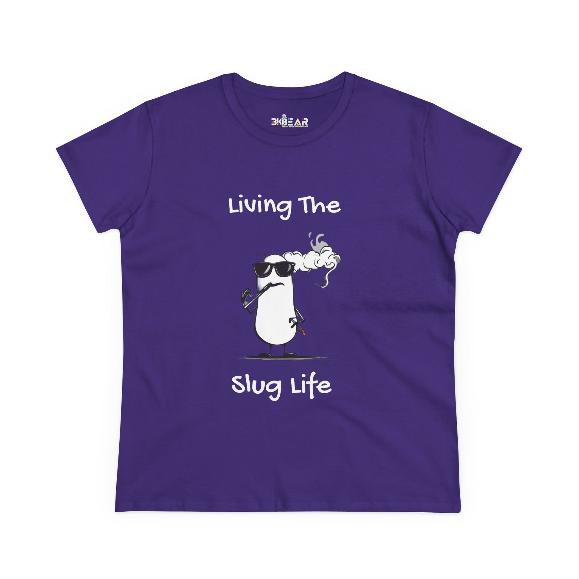 Purple Printify slug life shirt with cartoon slug wearing sunglasses smoking and text Living The Slug Life