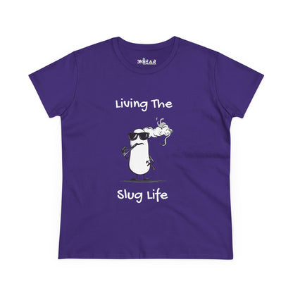 Purple Printify slug life shirt with cartoon slug wearing sunglasses smoking and text Living The Slug Life