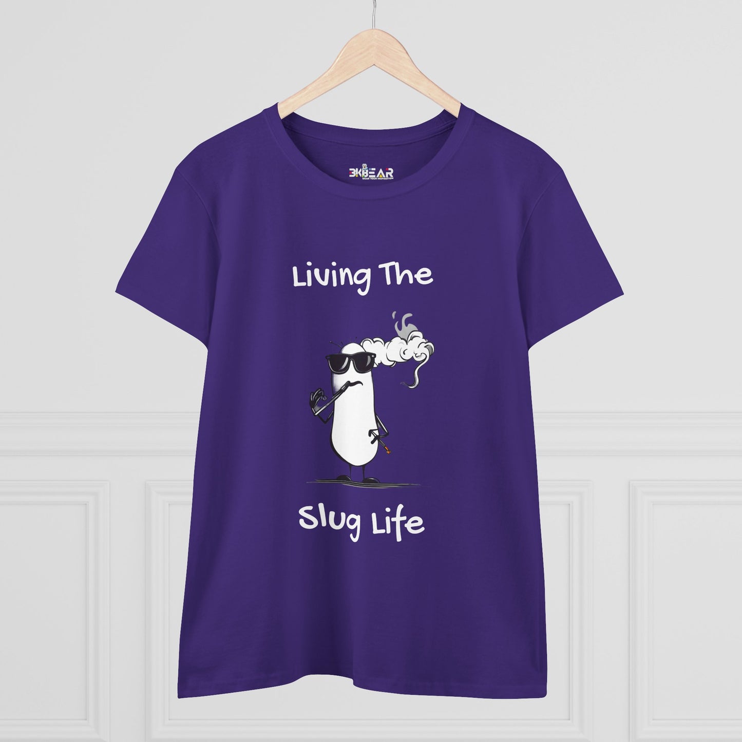 Purple slug life shirt with cartoon slug wearing sunglasses and smoking on Printify T-Shirt