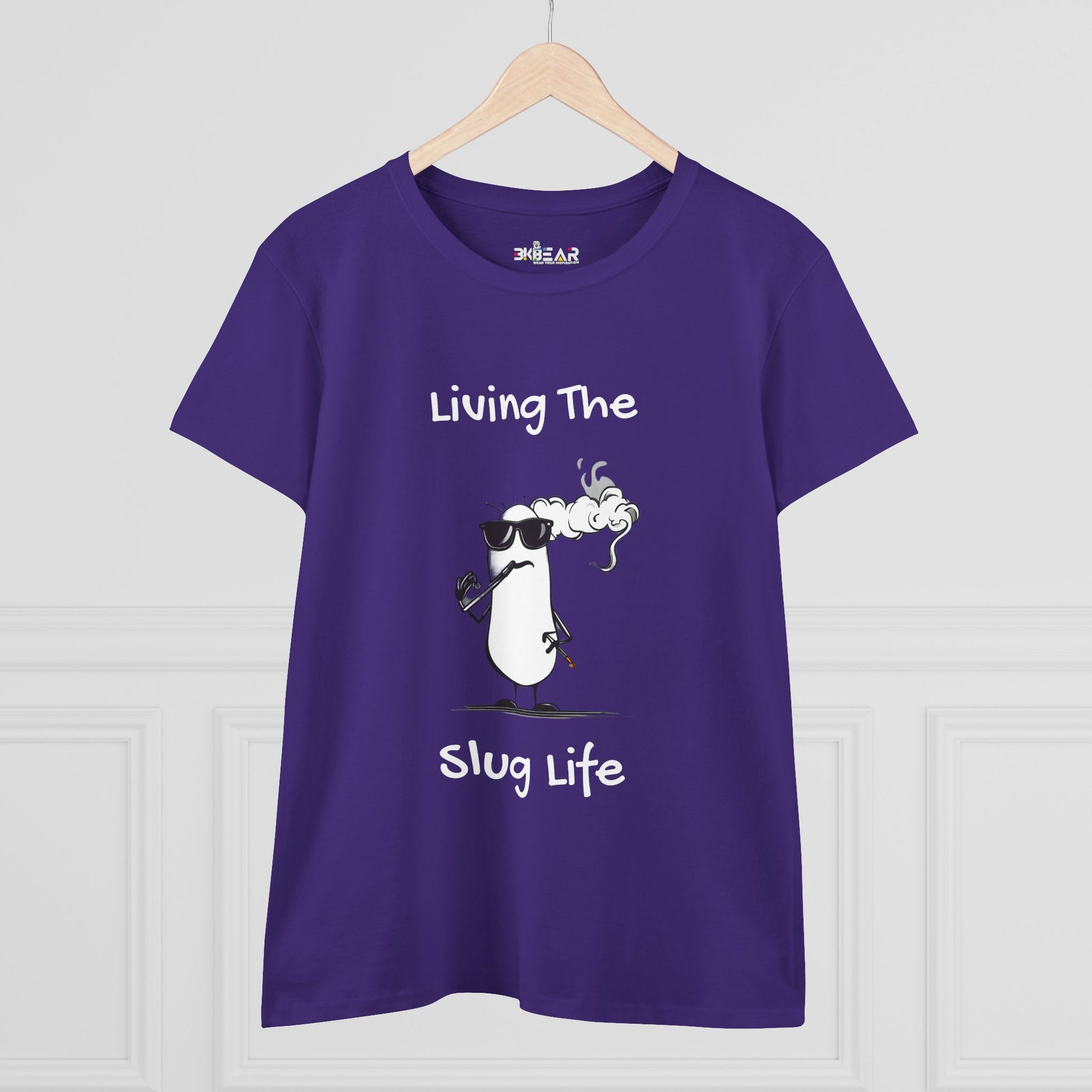 Purple slug life shirt with cartoon slug wearing sunglasses and smoking on Printify T-Shirt