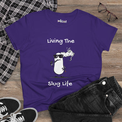 Purple slug life shirt with a cool cartoon slug wearing sunglasses and smoking on a wooden background