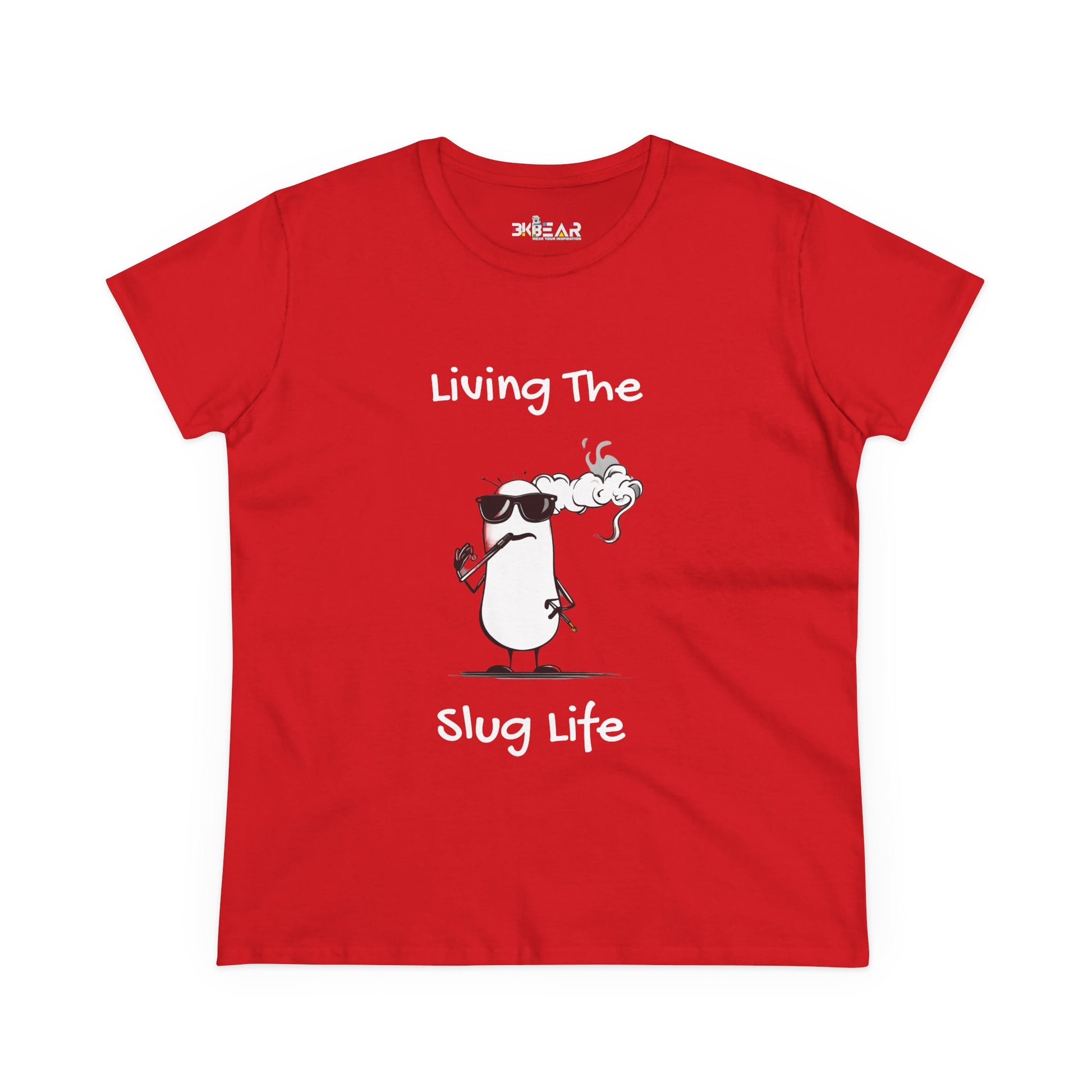 Red Printify t-shirt with funny cartoon slug wearing sunglasses and text Living The Slug Life shirt