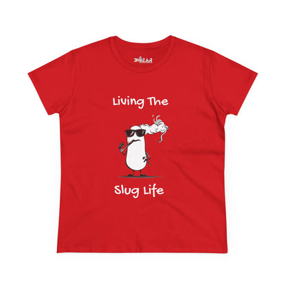 Red Printify t-shirt with funny cartoon slug wearing sunglasses and text Living The Slug Life shirt