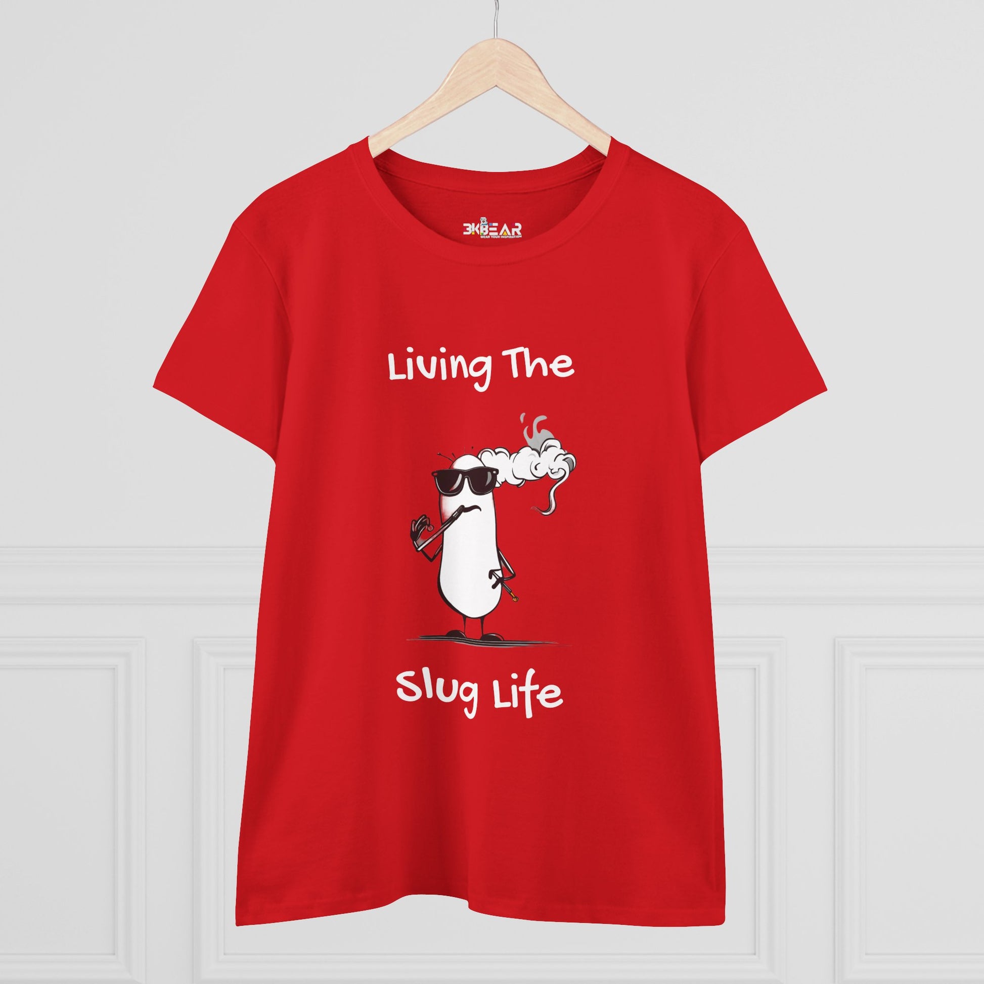 Red Printify T-shirt with cool cartoon slug and text Living The Slug Life shirt design
