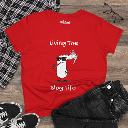 Red slug life shirt with cartoon slug wearing sunglasses and smoking pipe by Printify