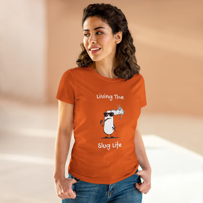 Woman wearing orange Printify slug life shirt with cartoon slug smoking and text Living The Slug Life