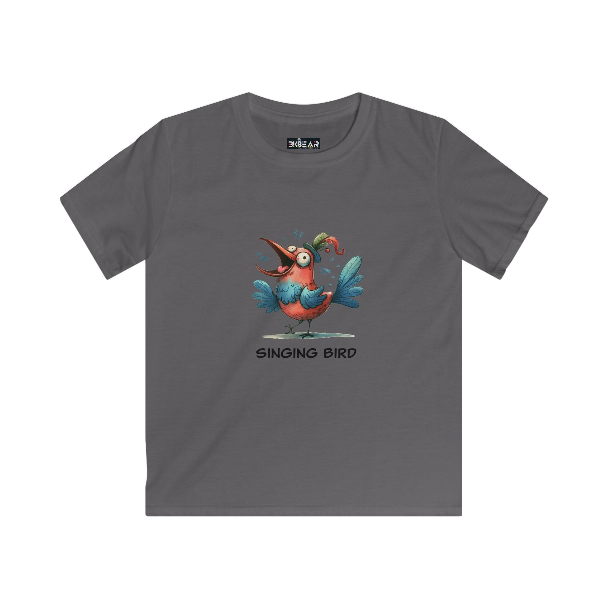 Printify soft cotton kids bird t-shirt featuring a colorful singing bird graphic on gray fabric