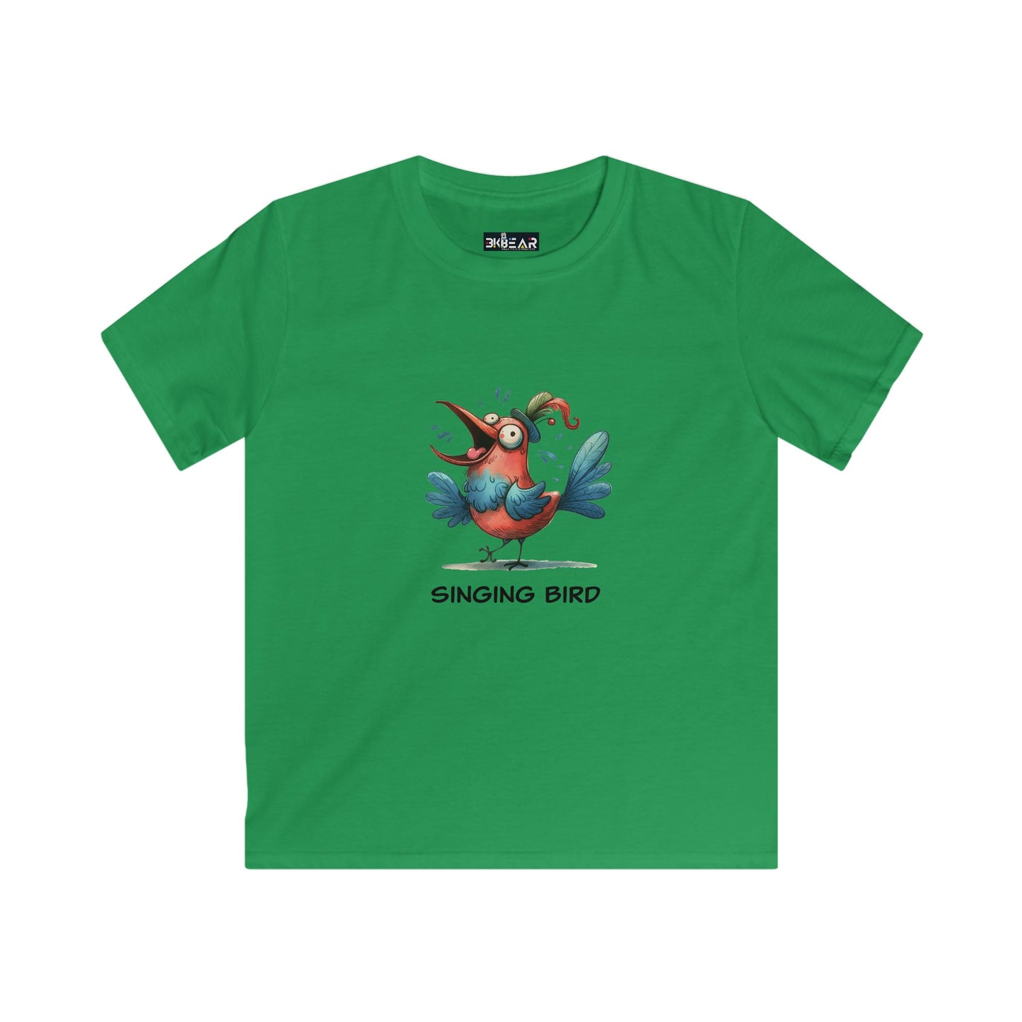 Green soft cotton kids bird t-shirt with colorful singing bird graphic from Printify