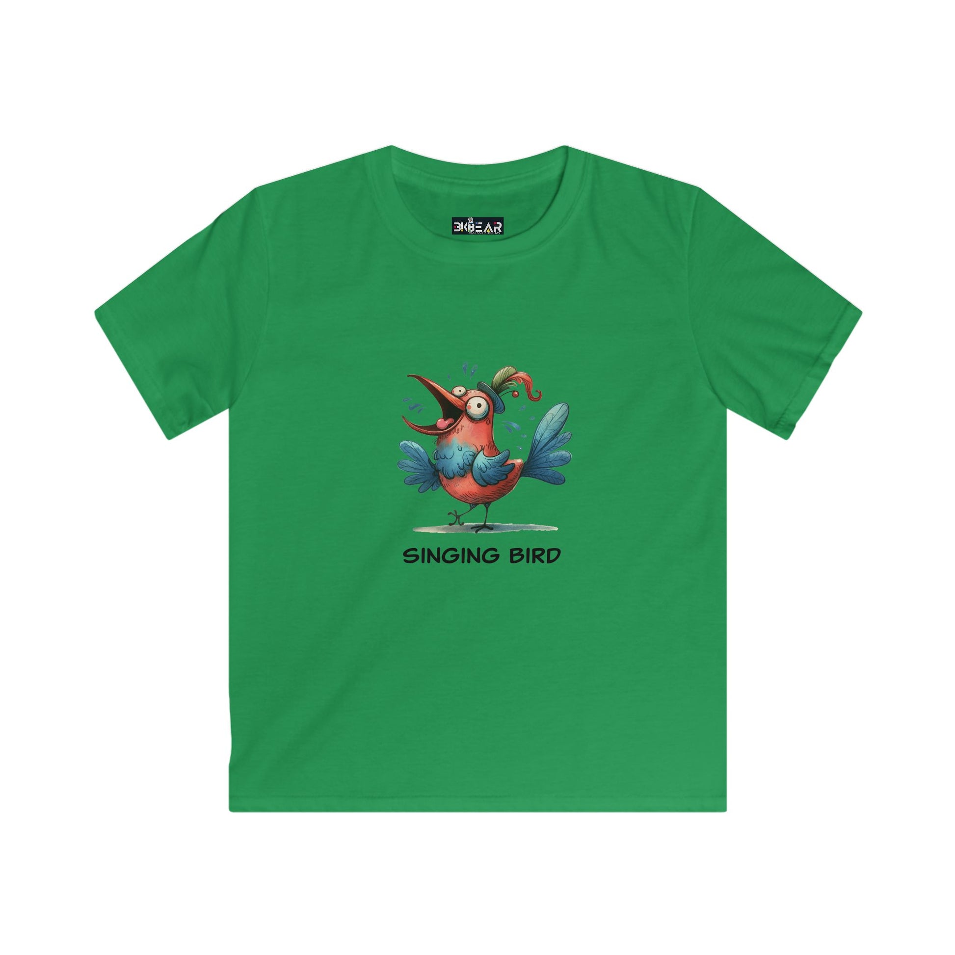 Green soft cotton kids bird t-shirt with colorful singing bird graphic from Printify
