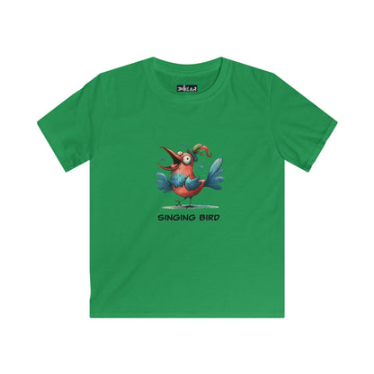 Green soft cotton kids bird t-shirt with colorful singing bird graphic from Printify