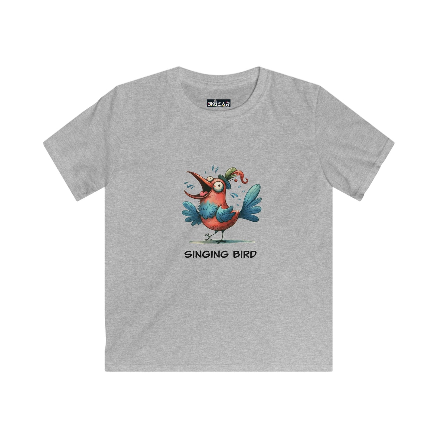 Printify soft cotton kids bird t-shirt in gray with colorful singing bird graphic