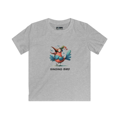Printify soft cotton kids bird t-shirt in gray with colorful singing bird graphic
