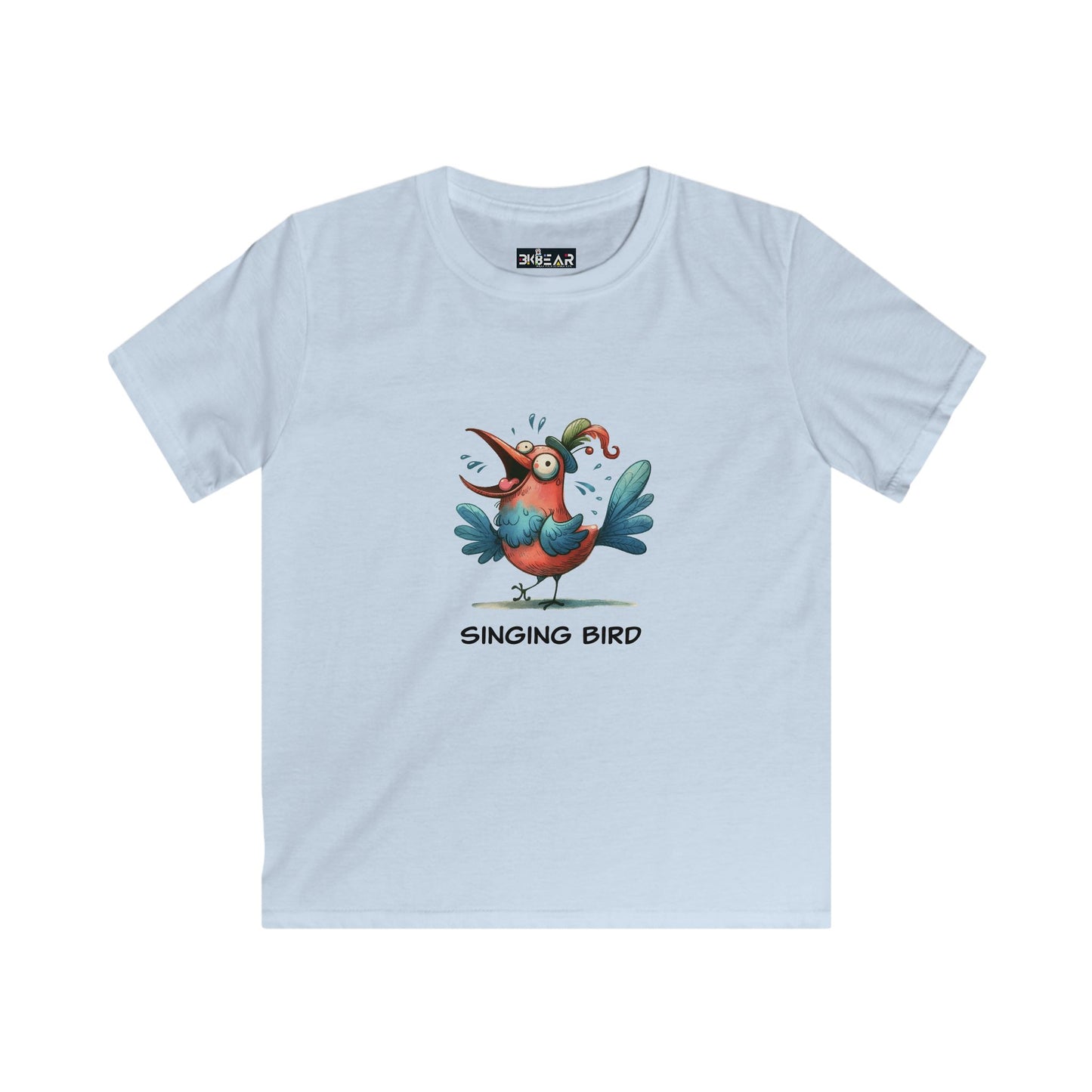 Light blue soft cotton kids bird t-shirt with colorful singing bird graphic from Printify