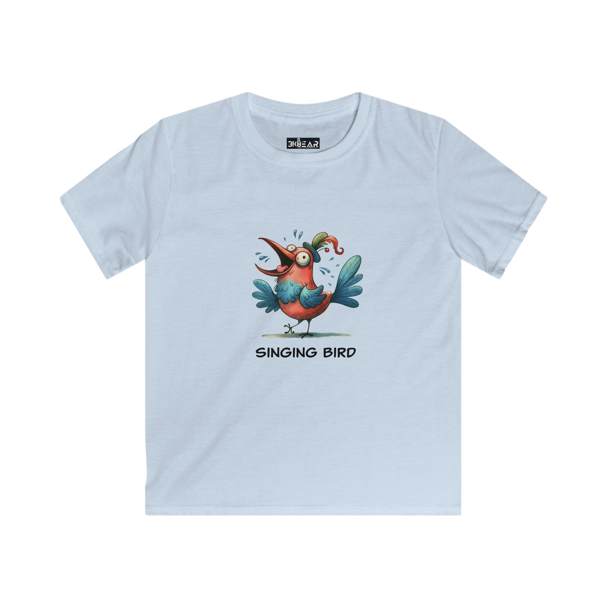 Light blue soft cotton kids bird t-shirt with colorful singing bird graphic from Printify