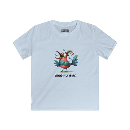 Light blue soft cotton kids bird t-shirt with colorful singing bird graphic from Printify
