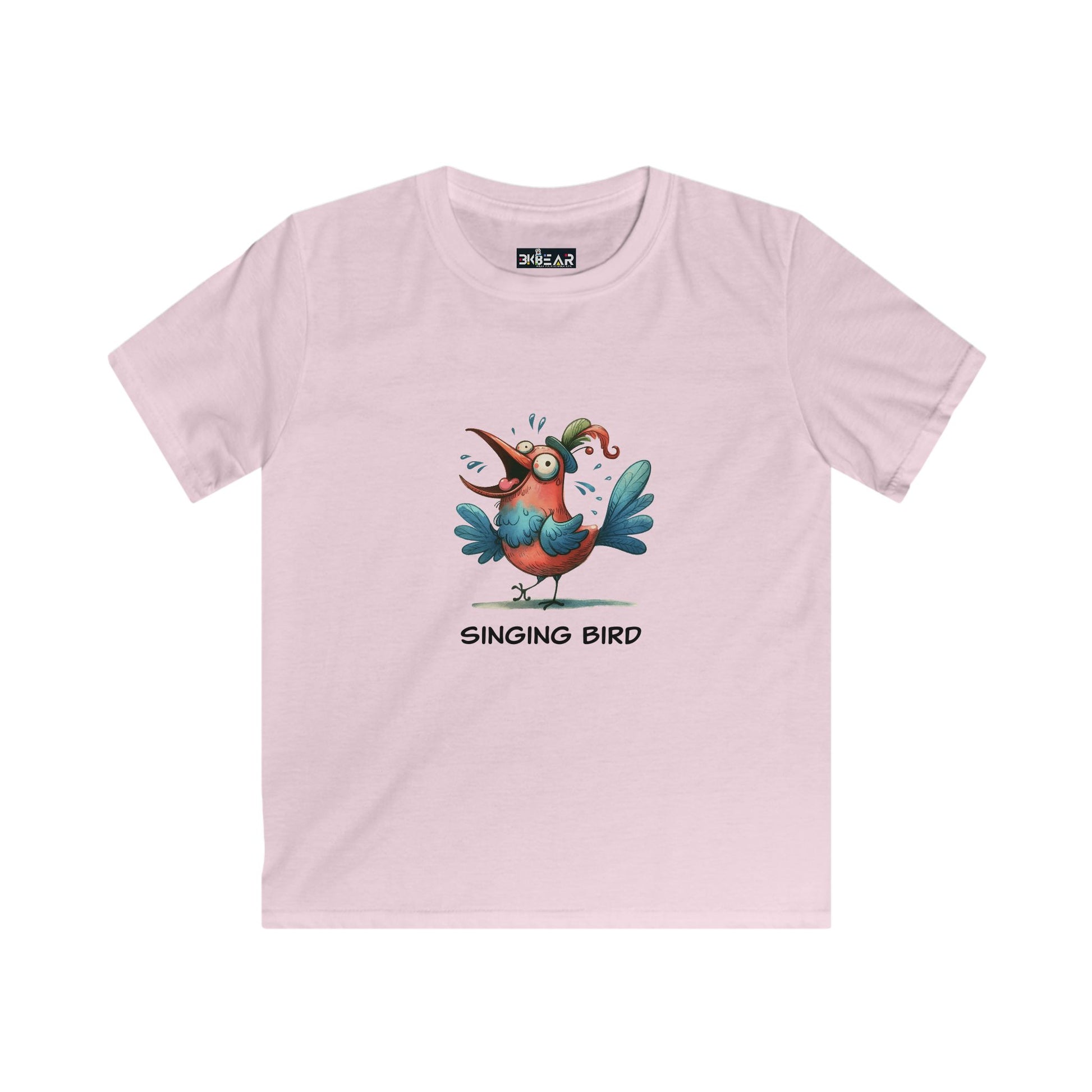 Soft cotton kids bird t-shirt in light pink with colorful singing bird graphic from Printify