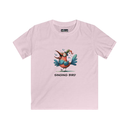 Soft cotton kids bird t-shirt in light pink with colorful singing bird graphic from Printify