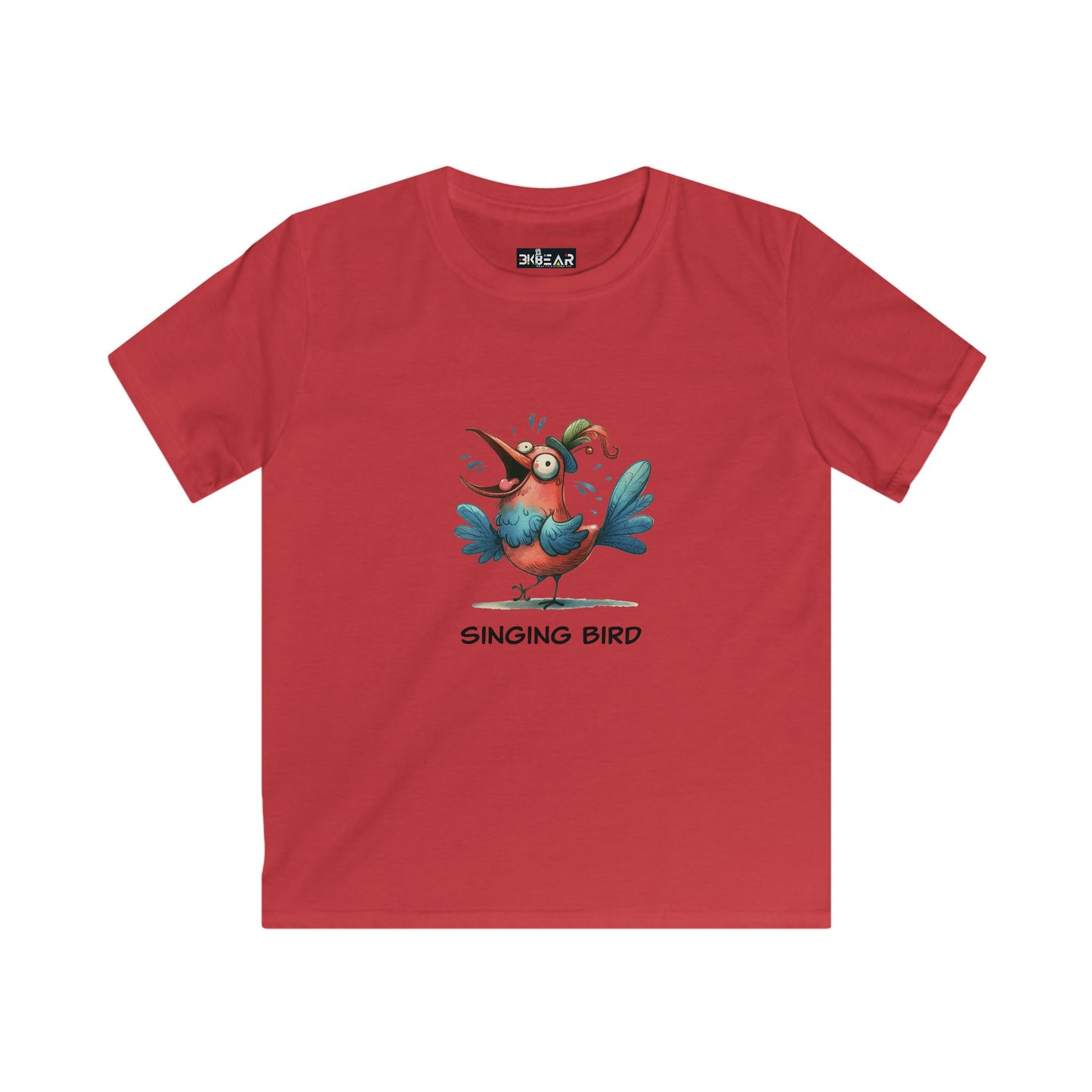 Red soft cotton kids bird t-shirt featuring a colorful singing bird graphic by Printify