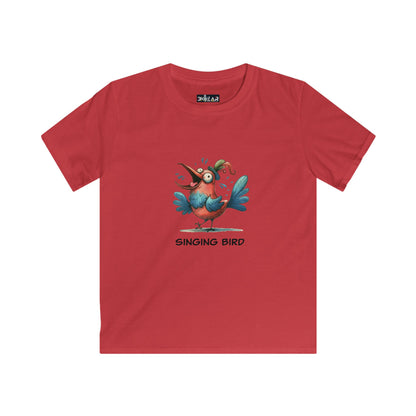 Red soft cotton kids bird t-shirt featuring a colorful singing bird graphic by Printify