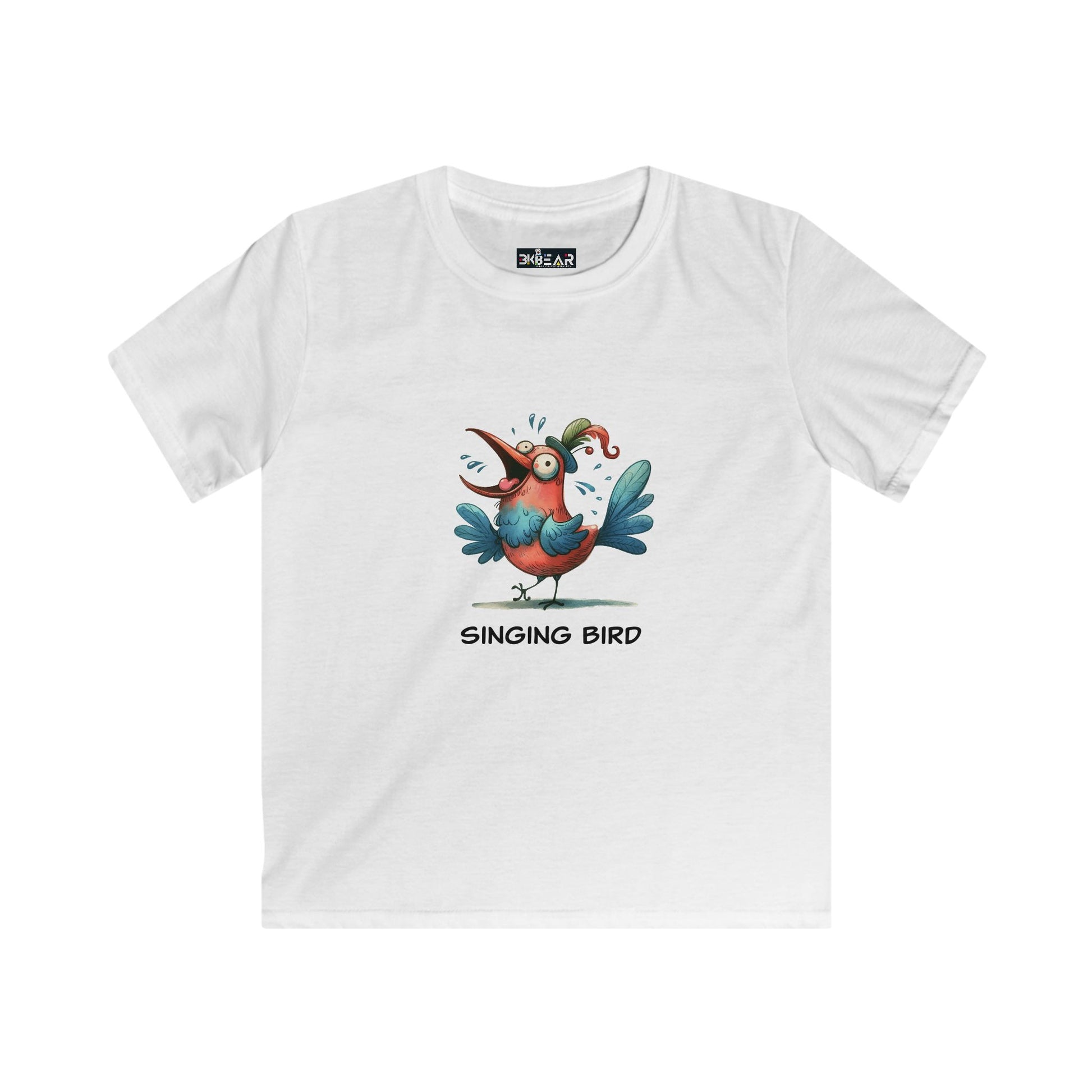 Printify soft cotton kids bird t-shirt in white with colorful singing bird graphic design