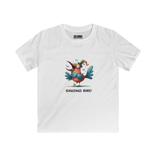 Printify soft cotton kids bird t-shirt in white with colorful singing bird graphic design