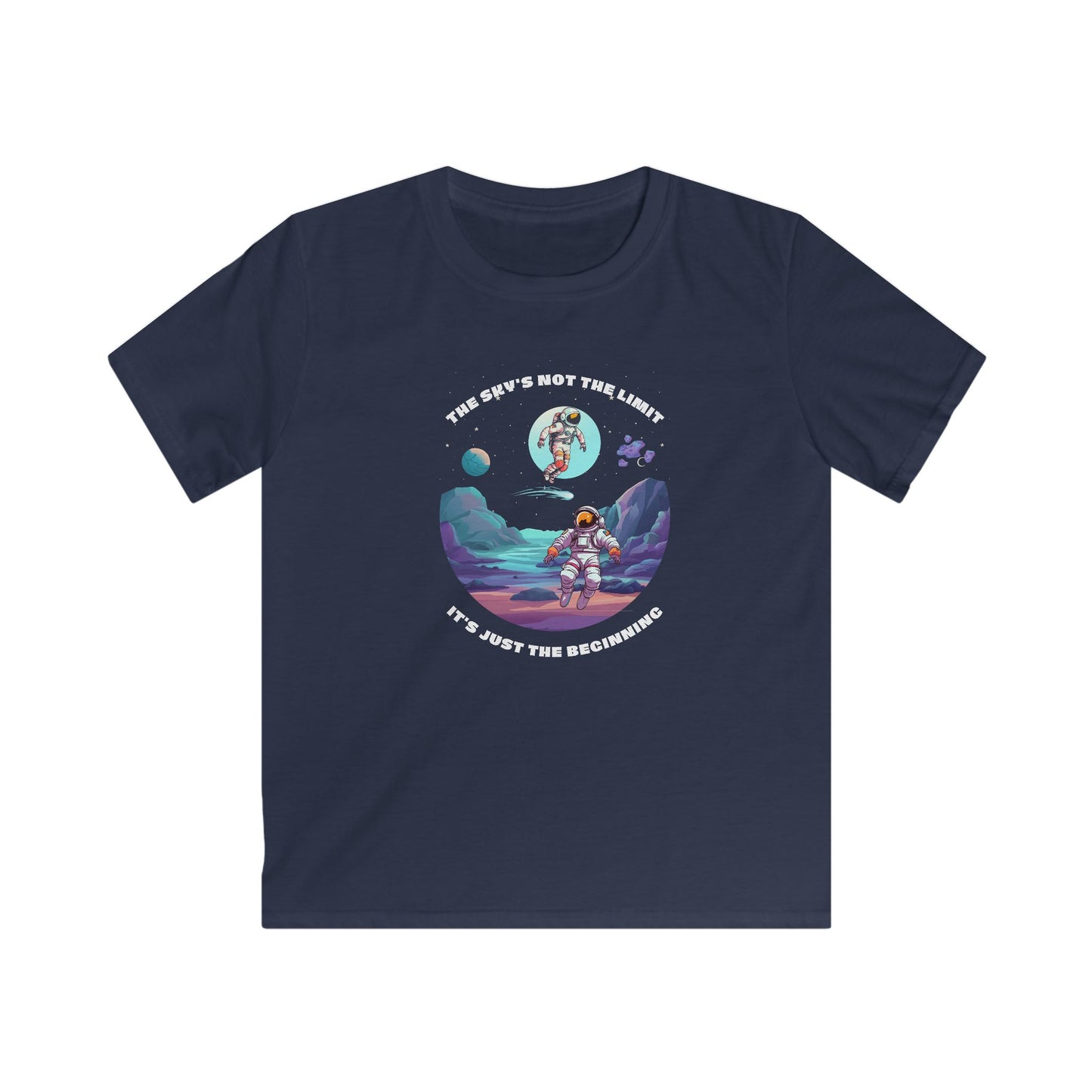 Printify navy space motivational tee kids with astronaut graphic and inspiring space design