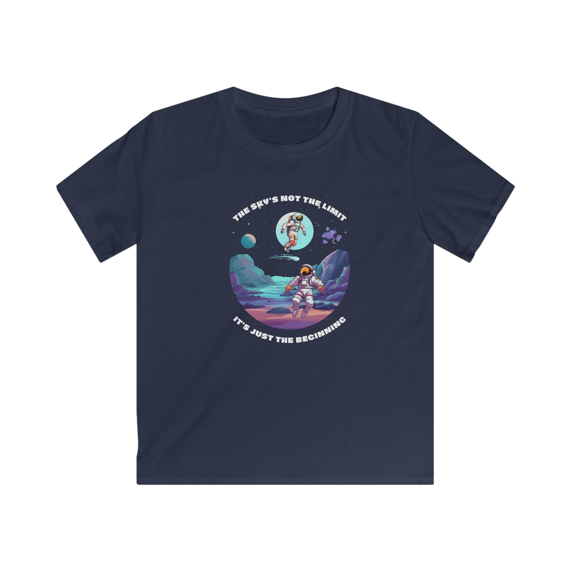 Printify navy space motivational tee kids with astronaut graphic and inspiring space design
