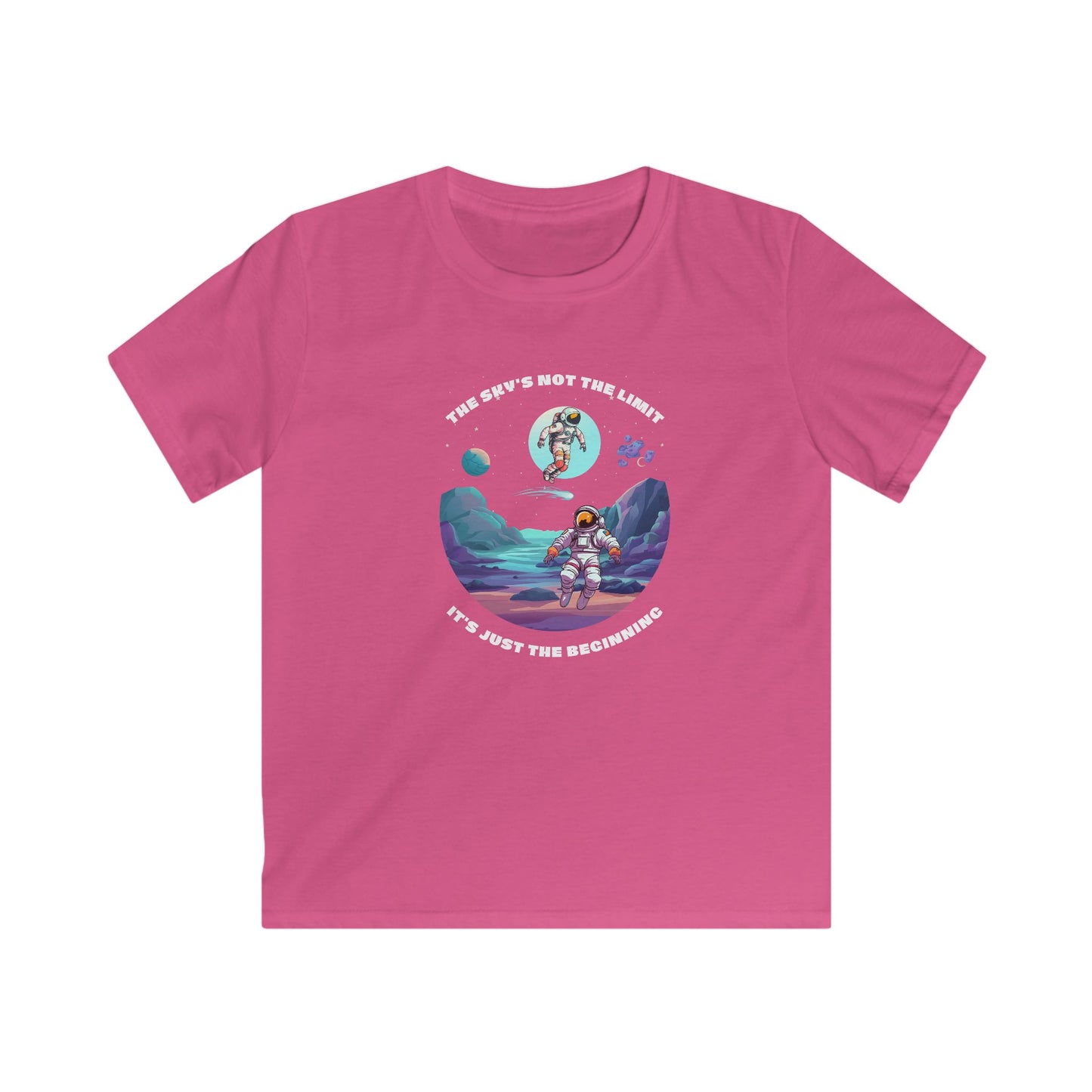 Pink space motivational tee kids with astronaut graphic and uplifting space-themed message