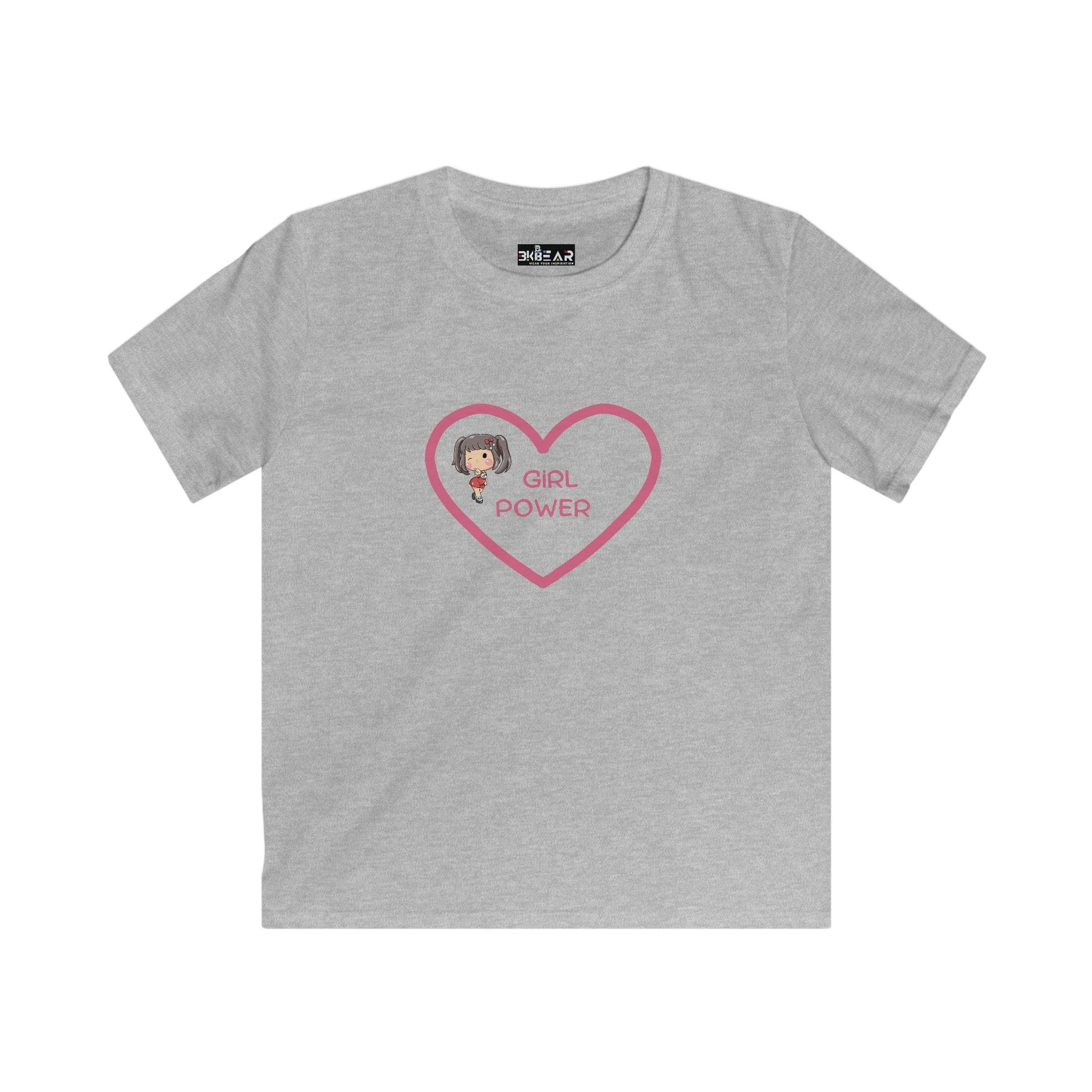 Gray kids girl power shirt kids with pink heart and cartoon girl graphic by Printify