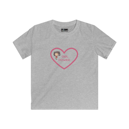 Gray kids girl power shirt kids with pink heart and cartoon girl graphic by Printify