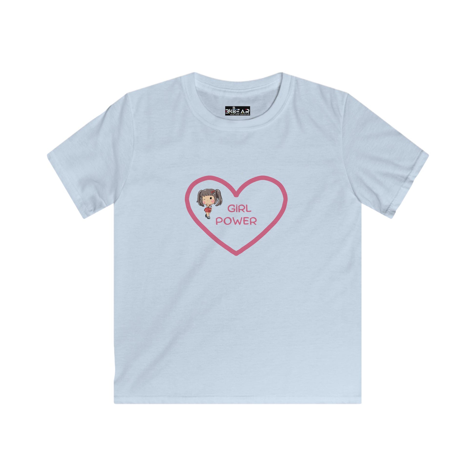Light blue girl power shirt kids with pink heart and cartoon girl design by Printify
