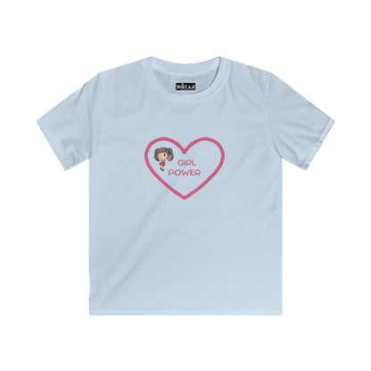 Light blue girl power shirt kids with pink heart and cartoon girl design by Printify