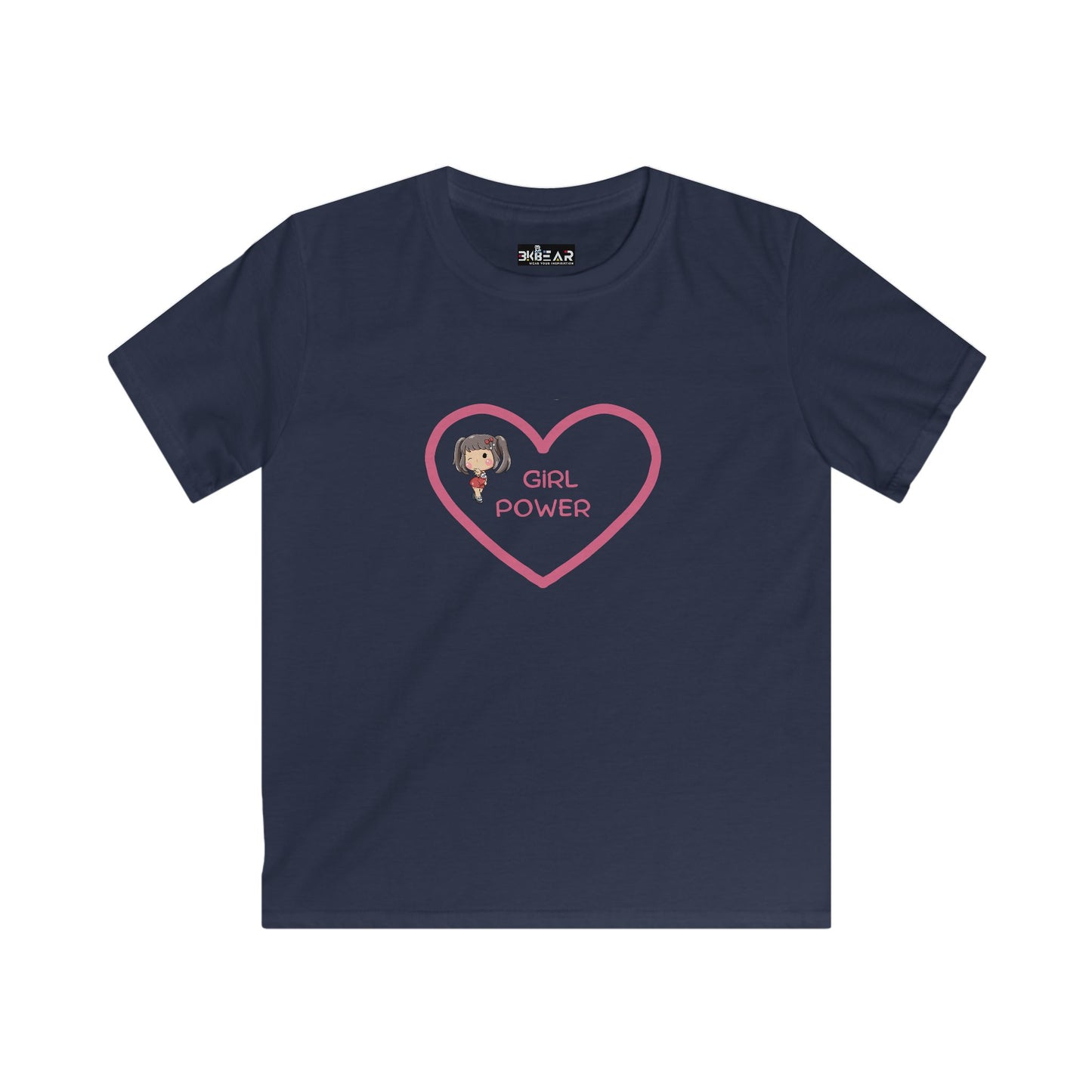 Navy Printify girl power shirt kids with pink heart and girl graphic for young girls