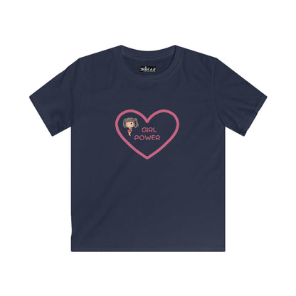 Navy Printify girl power shirt kids with pink heart and girl graphic for young girls