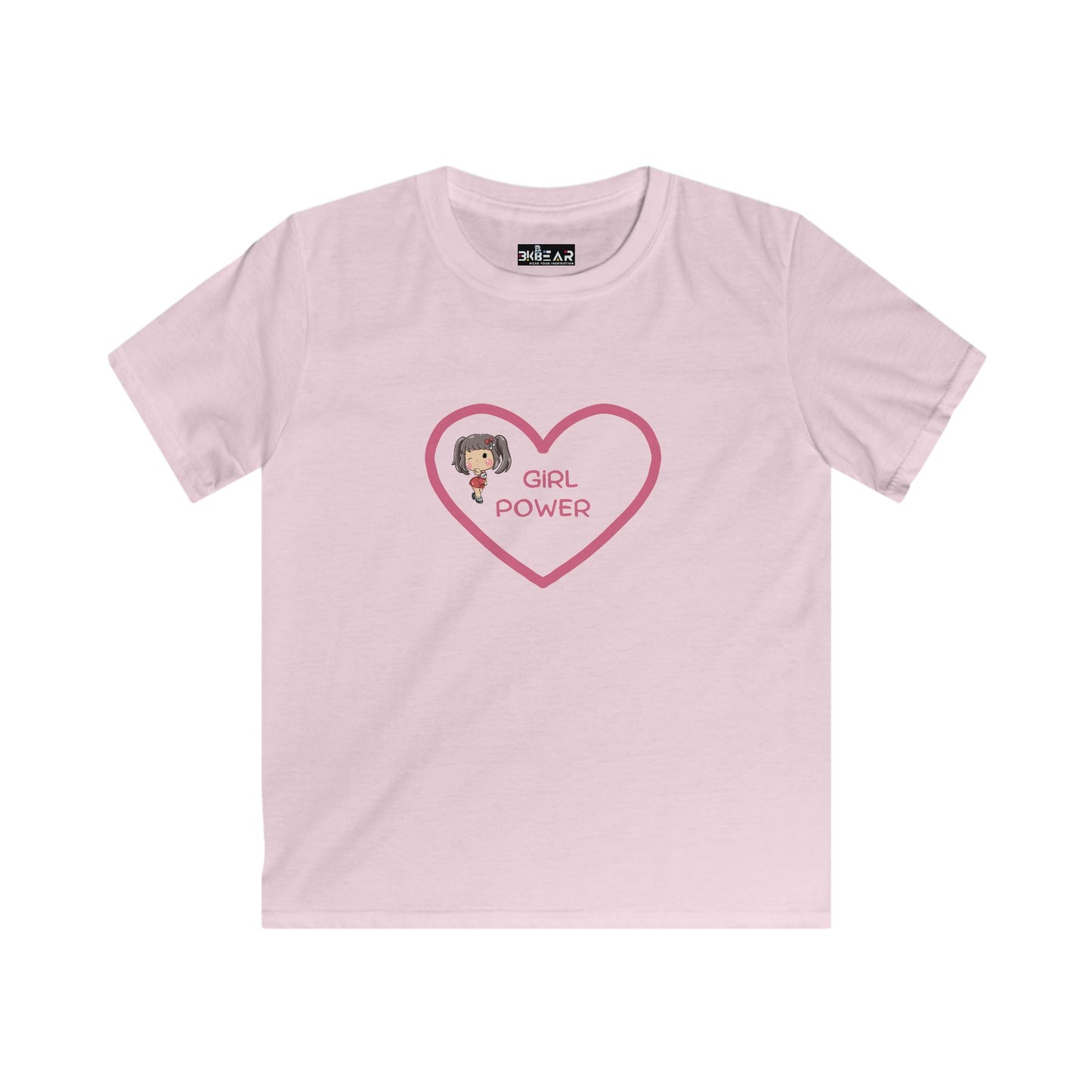 Pink girl power shirt kids with heart and girl graphic by Printify in short sleeve design