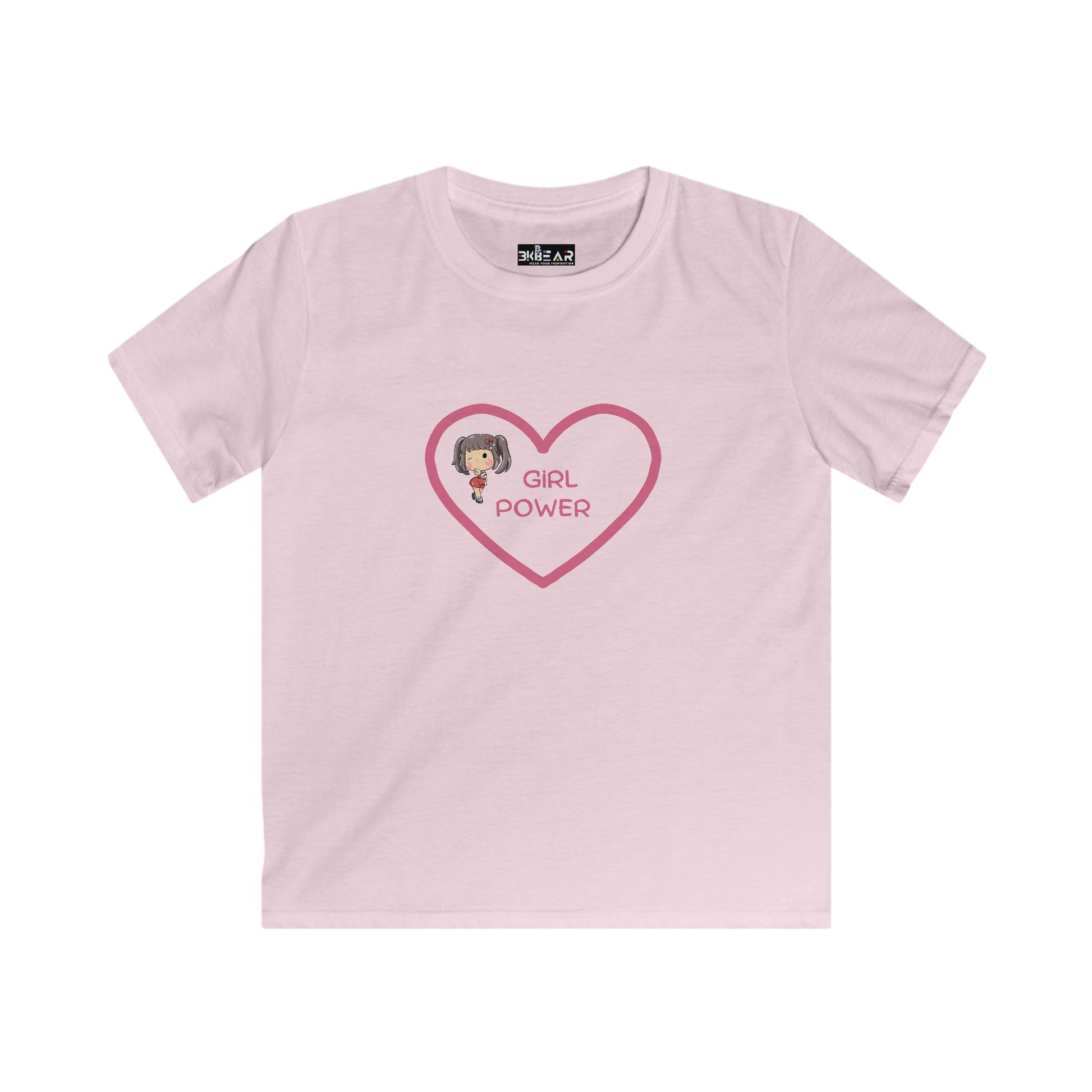 Pink girl power shirt kids with heart and girl graphic by Printify in short sleeve design