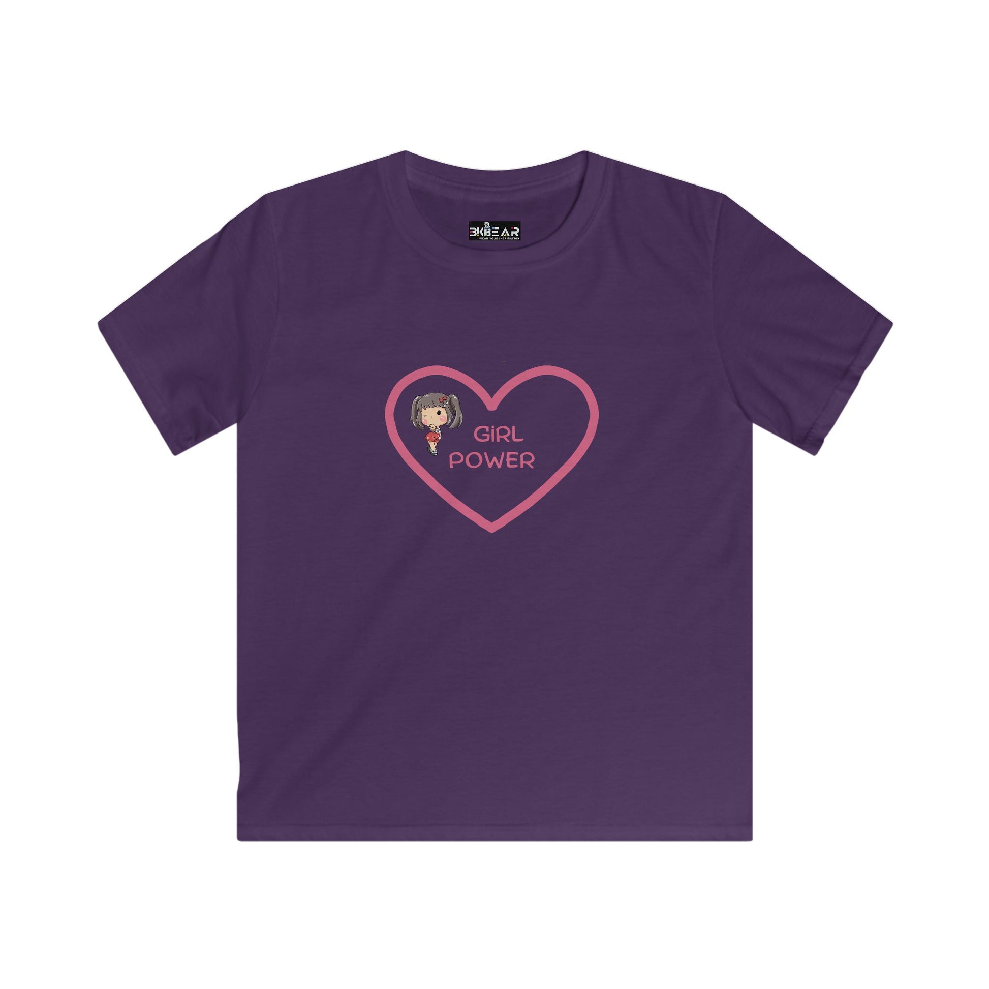 Purple girl power shirt kids with heart graphic and cartoon girl print from Printify